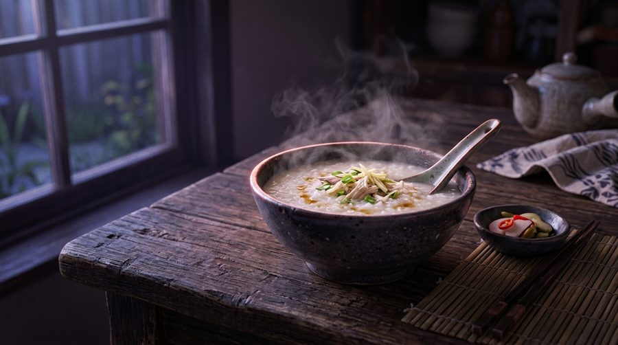 Ilustrasi semangkuk bubur nasi hangat di atas meja kayu dengan cahaya pagi yang redup