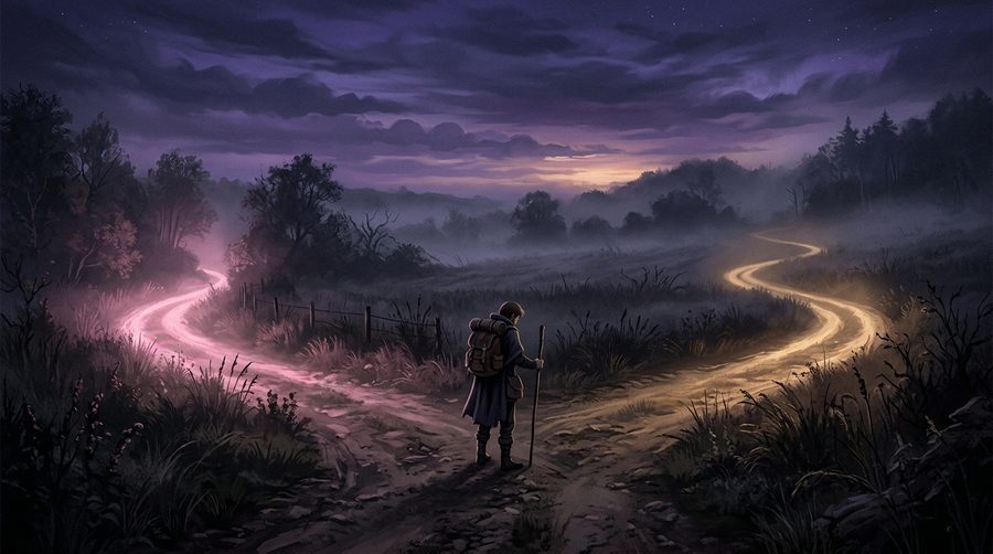 Ilustrasi jalan setapak yang bercabang dua di lapangan senja berkabut, seorang pejalan berdiri memilih arah