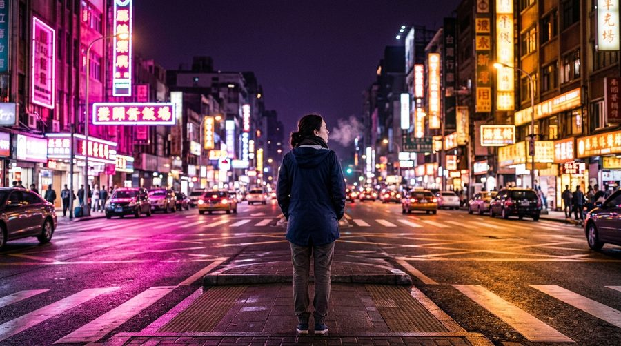 Ilustrasi orang berdiri tenang menarik napas dalam menghadapi dua arah jalan kota malam bercahaya neon